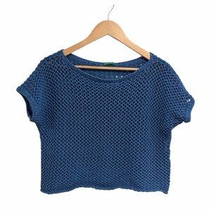 United Colors Of Benetton Blue Open-Knit Cropped Short Sleeve Top Shirt Crochet